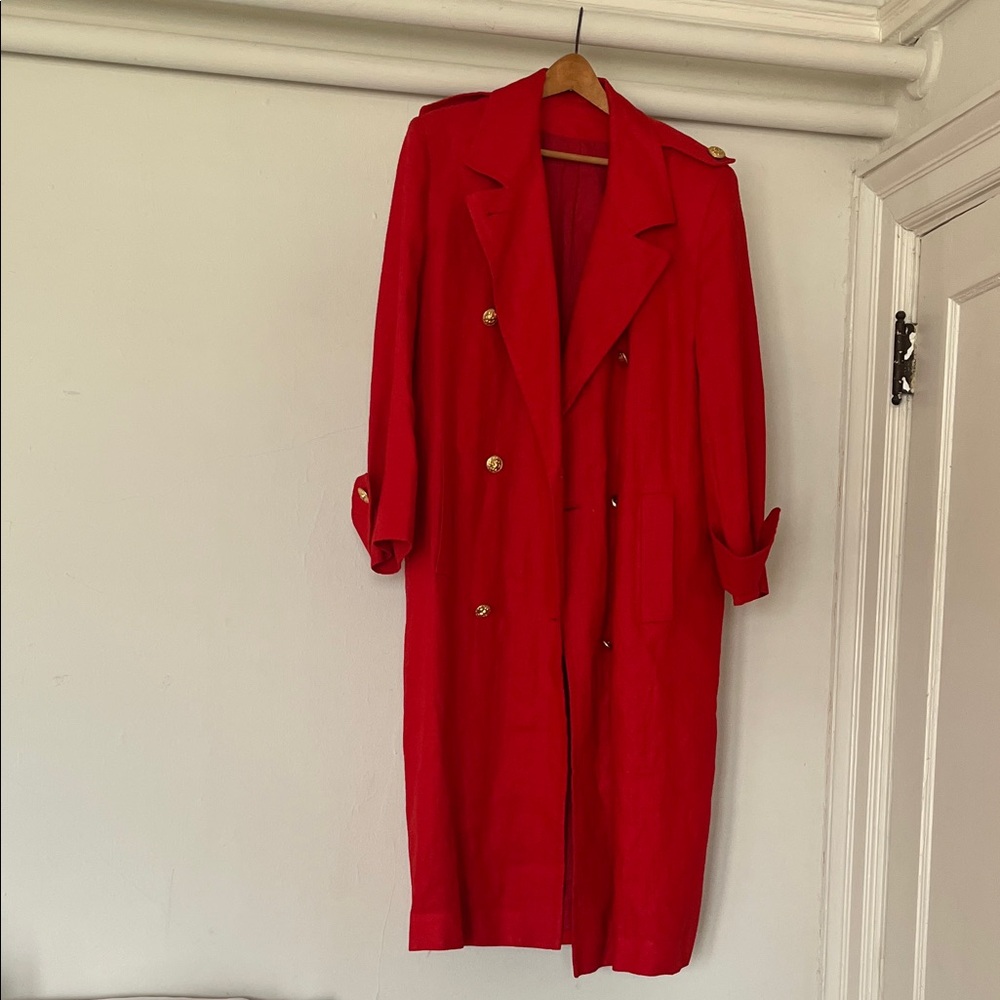 Vintage Red Double-Breasted Trench Coat with Gold Buttons